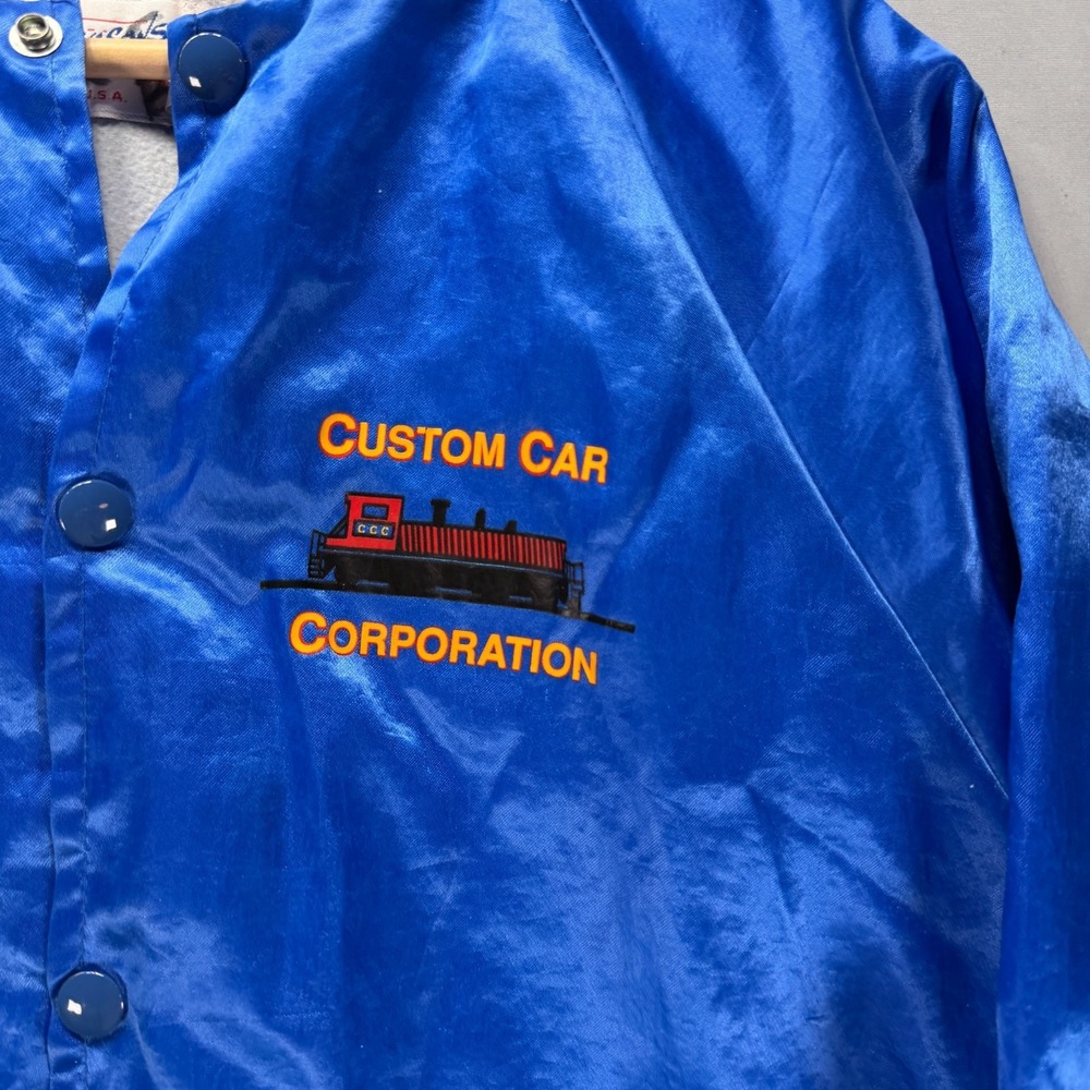 Vintage Railroad Satin Jacket Mens Large Four Seasons Blue Rail Car Snap 90s - Picture 5 of 10